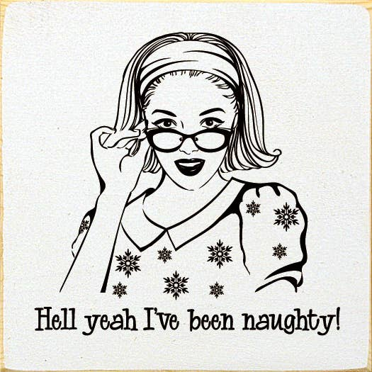 Printed square card with cartoon woman, glasses, and caption text