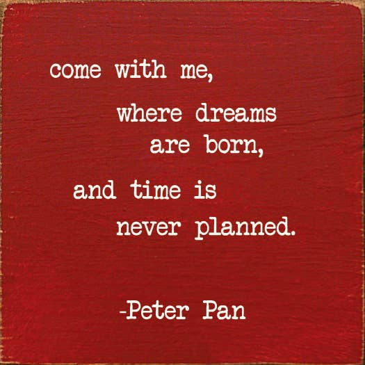 Red square quote print with white come with me text and Peter Pan.