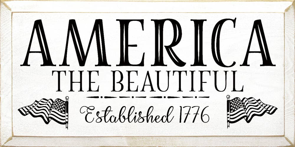 America the Beautiful wall print with stars-and-stripes flags and Established 1776 text