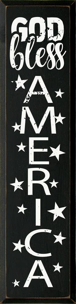 Black graphic T-shirt with white "God bless America" text and star accents