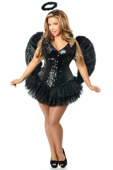 Black sequin corset night angel costume with tulle skirt and oversized wings
