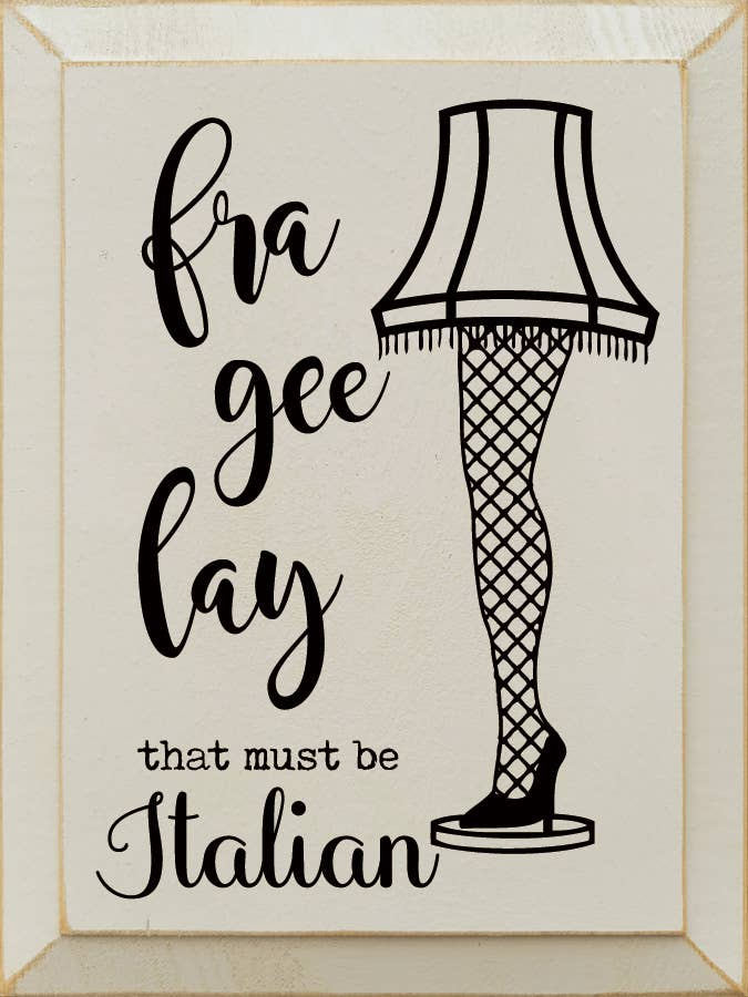 Framed typography art print with fishnet stocking illustration and Italian-themed lettering