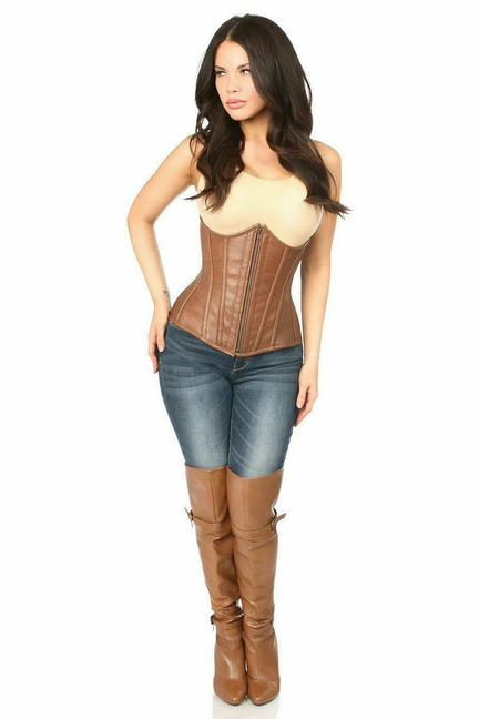 Brown faux leather underbust corset with vertical boning and fitted underbust shape