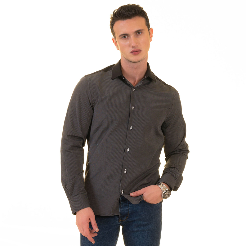 Sigaretta S5 men's dress shirt, dark charcoal textured fabric and button front