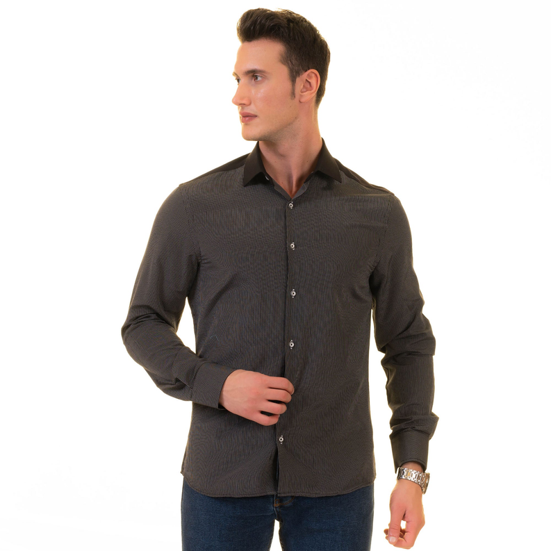 Men's dark charcoal dress shirt with pointed collar and buttoned placket