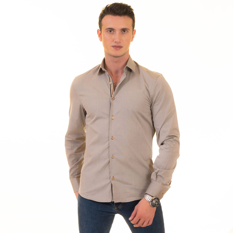 Men's light gray button-up dress shirt with stand collar and long sleeves, front