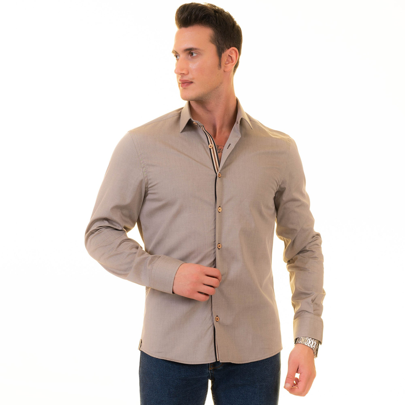 Men's light gray long-sleeve button-up dress shirt worn by model, front