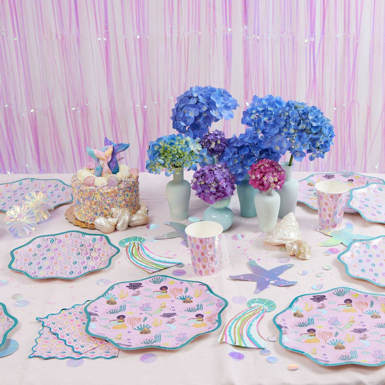 Mermaid-themed 10.5-inch plates with ocean pattern, scalloped edges and teal border