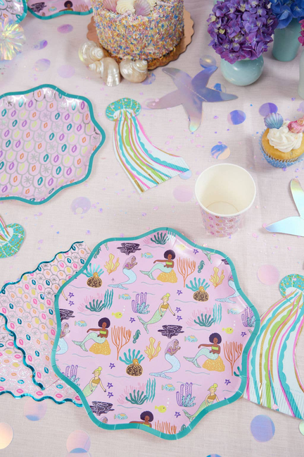 Mermaid-themed 10.5-inch plate with pastel ocean scene and teal scalloped rim