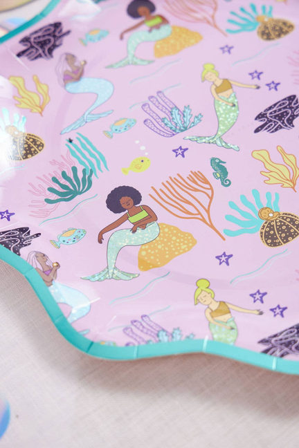 Mermaid-themed 10.5-inch plate close-up with mermaids, coral, and teal trim