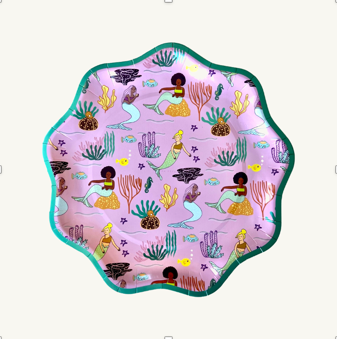 Mermaid-themed 10.5-inch plate featuring swimmers, fish, and coral on pastel purple