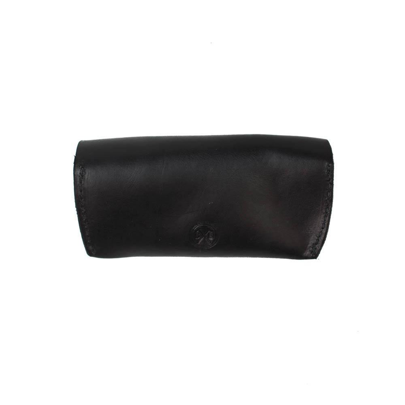 Black leather sunglasses case with clasp and logo, curved fold-over design