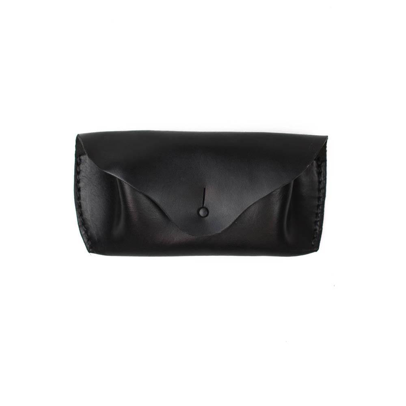 Black leather sunglasses case with fold-over flap and metal clasp button