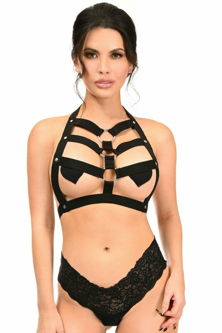 Black strappy body harness with metal rings over lace thong