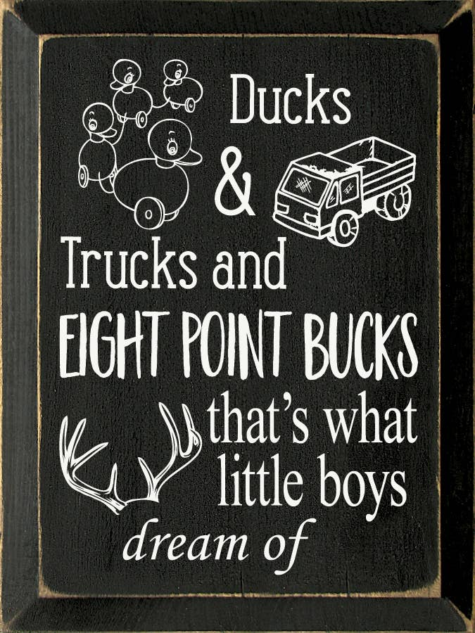 Black graphic T-shirt with ducks, trucks, and eight point bucks text design