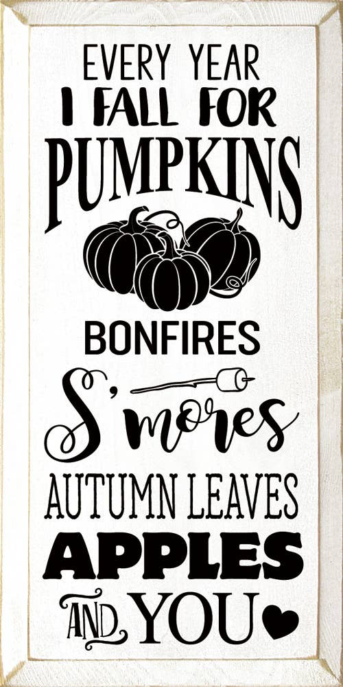 Fall quote wall art with pumpkins, bonfires, s'mores, autumn leaves, apples, and heart