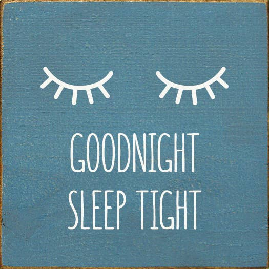 Goodnight Sleep Tight wall art on blue background with closed-eye icons and text