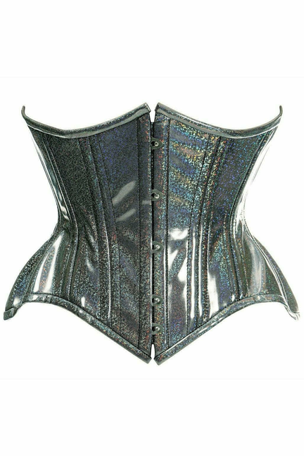 Steel boned corset waist cincher with rainbow glitter holo finish, front laced panel