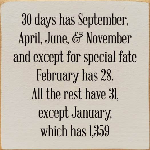 Printed quote card with the rhyme about days of the month