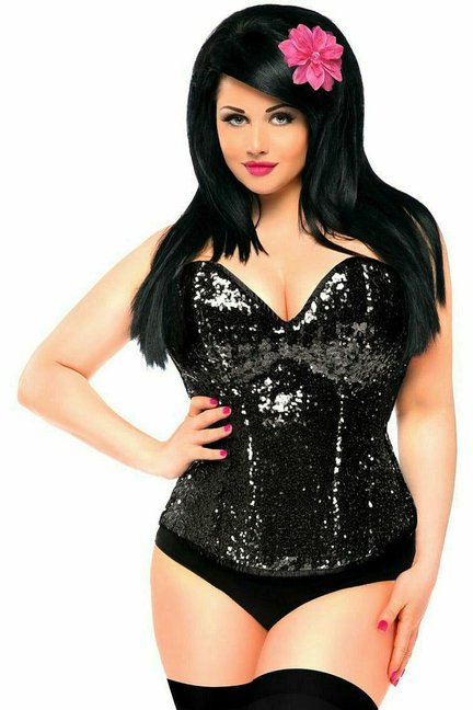 Black sequin corset with sweetheart neckline and fitted boned waist