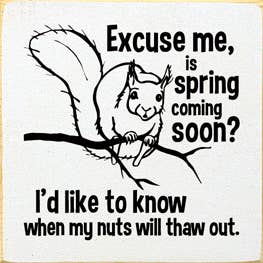 Wood sign with squirrel illustration and quote text: “is spring coming soon?”