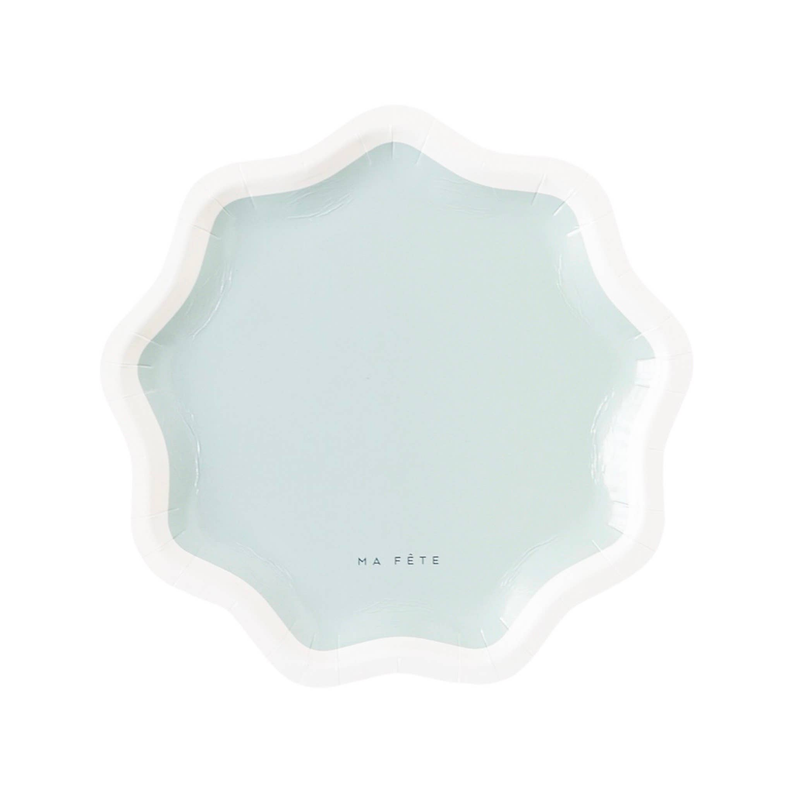 10.5-inch scalloped serving plate, light teal blue with MA FETE logo