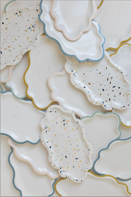 Set of scalloped mini trays with pastel rims and confetti speckle details