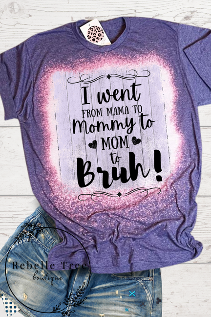 Purple unisex t-shirt with watercolor graphic text 'Mom bruh!' and hearts on front.