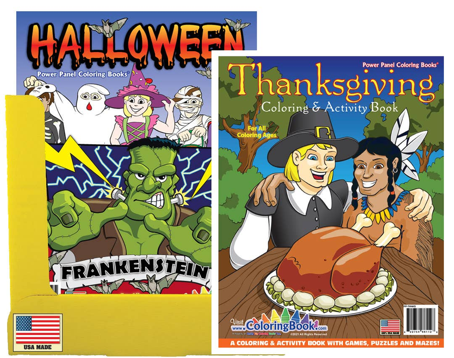 Halloween and Thanksgiving coloring and activity books, two illustrated paperback covers