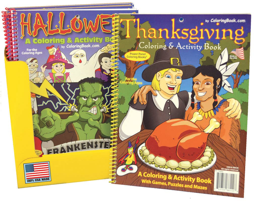 Two spiral-bound Halloween and Thanksgiving coloring and activity books with cover art
