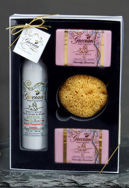 Lotion, soap and sponge gift set with black lotion bottle, pink soap bars, round sponge
