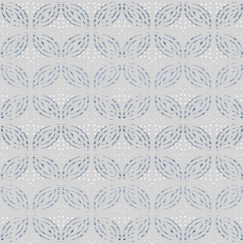 Peel-and-stick wallpaper close-up with light blue oval rosette damask motifs