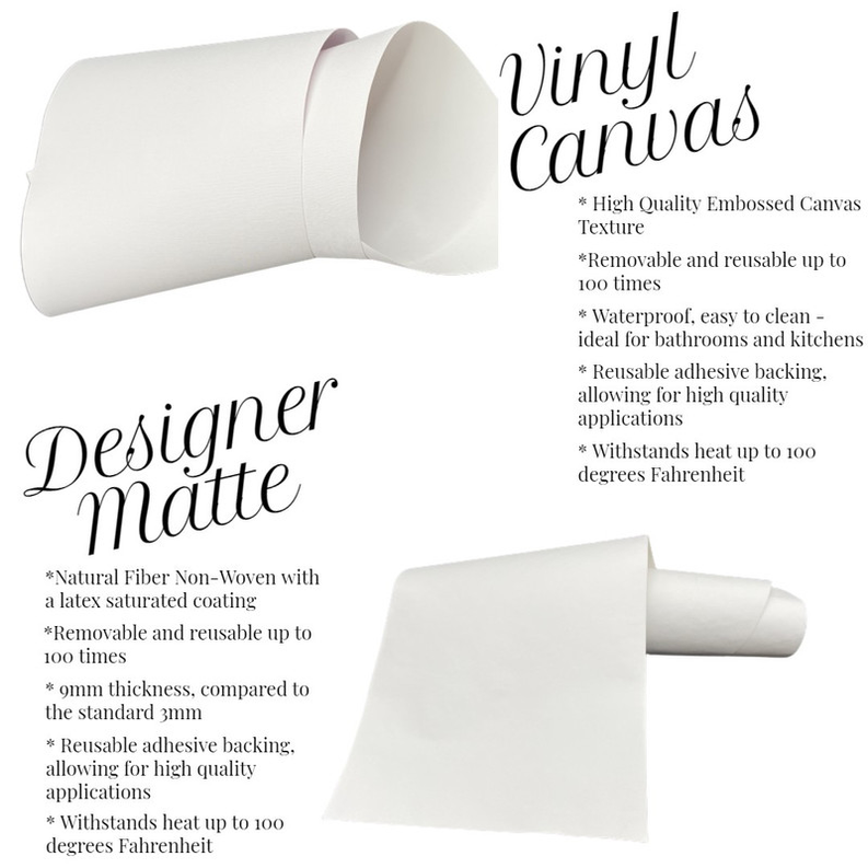 Rolled vinyl canvas and designer matte backing sample for peel-and-stick wallpaper