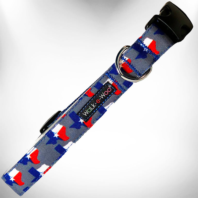 Texas-themed dog collar with blue patterned webbing and black buckle, metal D-ring