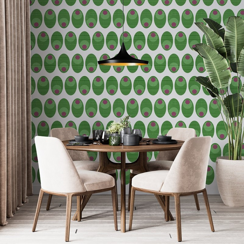 Peel-and-stick wallpaper with repeating olive green oval pattern and magenta dots