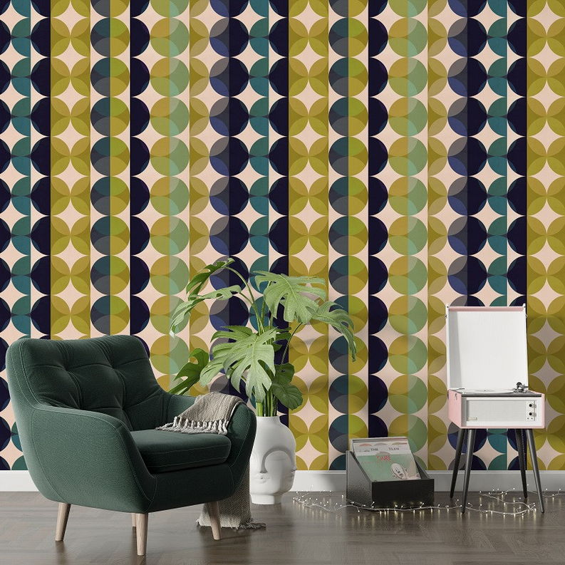 Geometric floral wallpaper with vertical stripes, multicolor circles in olive, teal, navy.