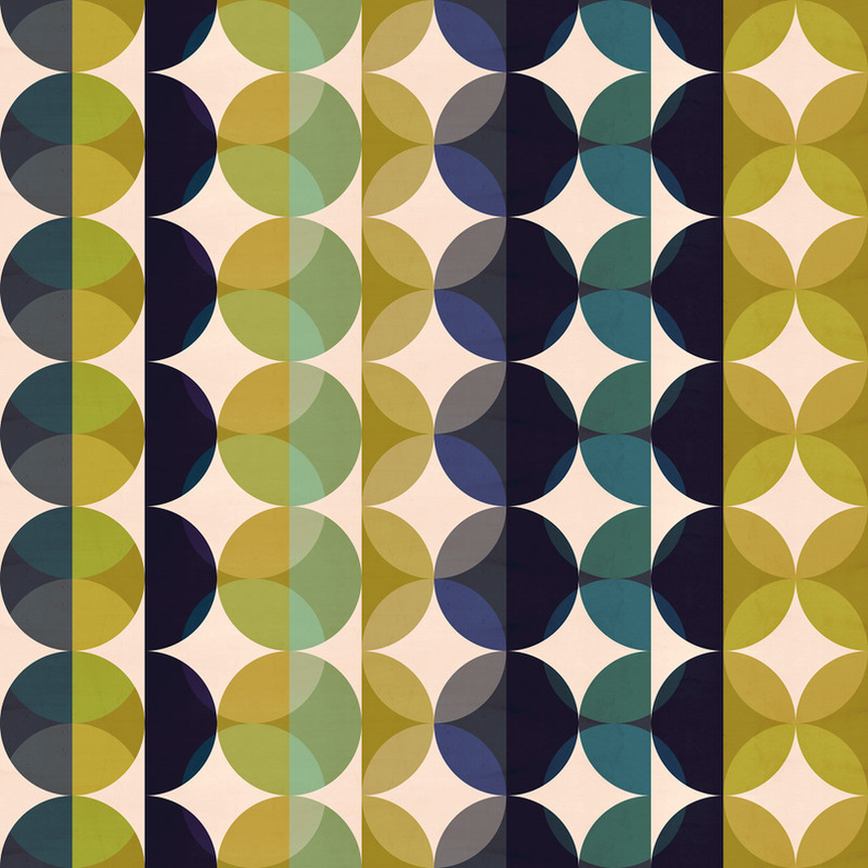 Repeating semicircle floral pattern wallpaper, teal, navy, olive, mustard, blush.