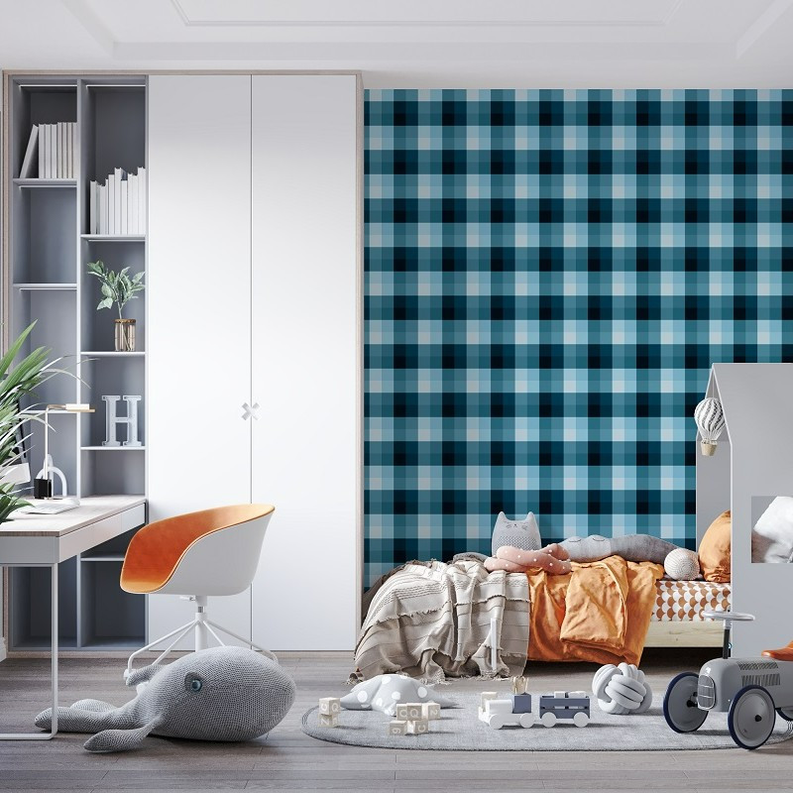 Blue and white buffalo check plaid wallpaper on an accent wall