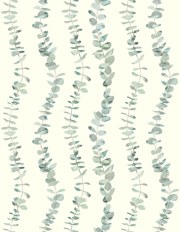 Peel-and-stick wallpaper with eucalyptus vine and leafy sprig pattern