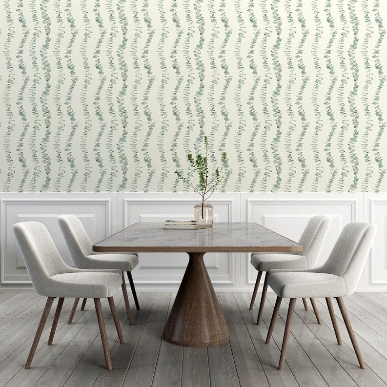 Peel-and-stick wallpaper, vertical eucalyptus sprigs repeat across wall