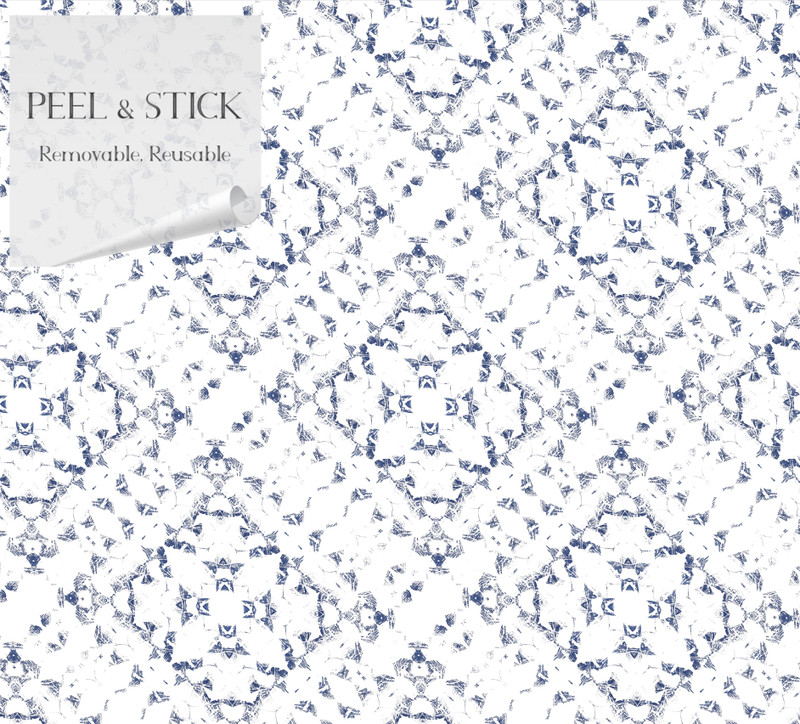 Peel-and-stick wallpaper with white base and blue medallion geometric pattern.