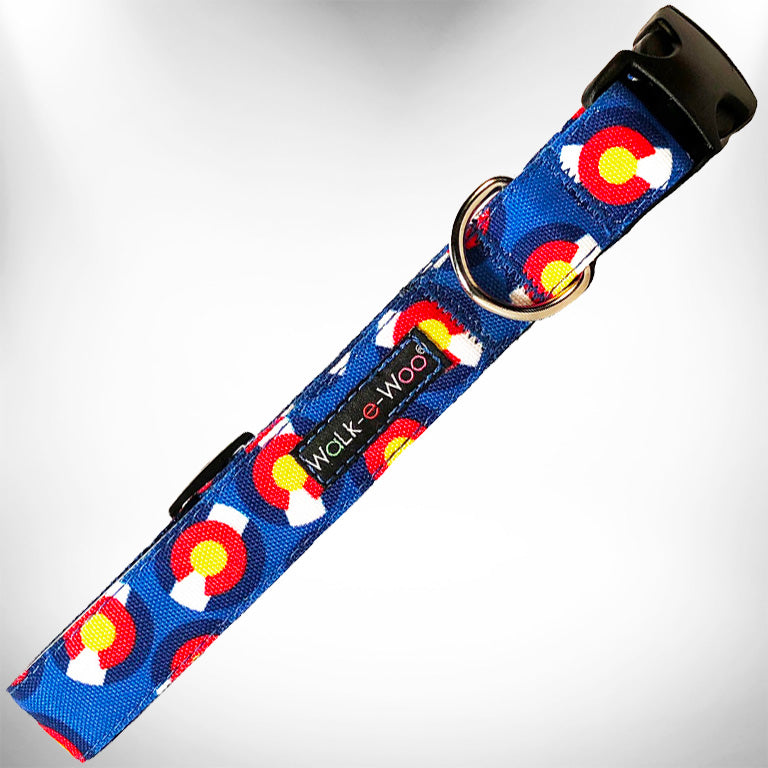 Blue fabric dog collar with Colorado and Texas flag-style print, metal buckle and ring