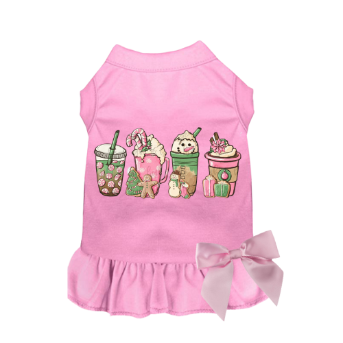 Pink sleeveless holiday dress, graphic drinks and bear, ruffle hem, satin bow