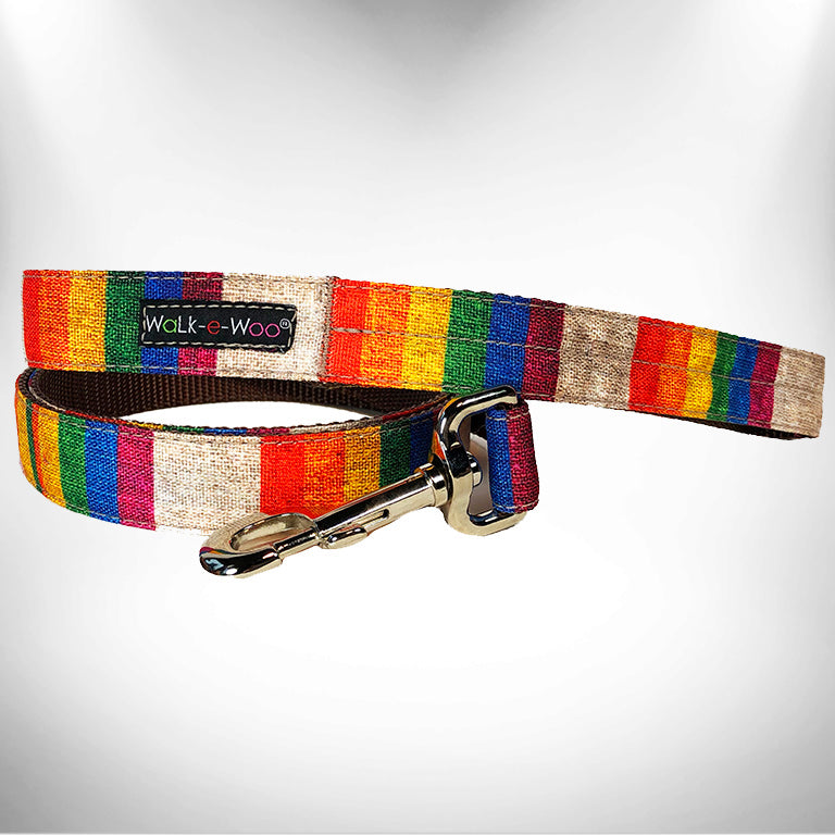 RaDog leash with colorful woven stripe fabric, metal clasp and D-ring