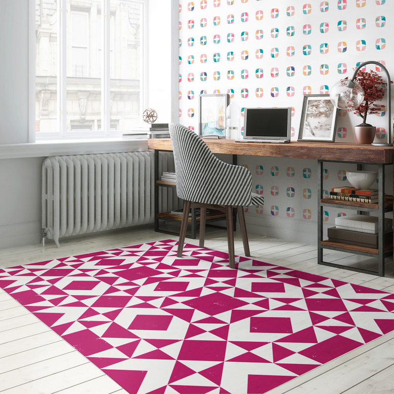 Pink and white geometric southwestern non-slip indoor/outdoor rug with bold triangles