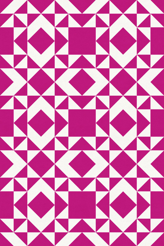 Pink and white geometric rug pattern with repeating triangle and diamond shapes