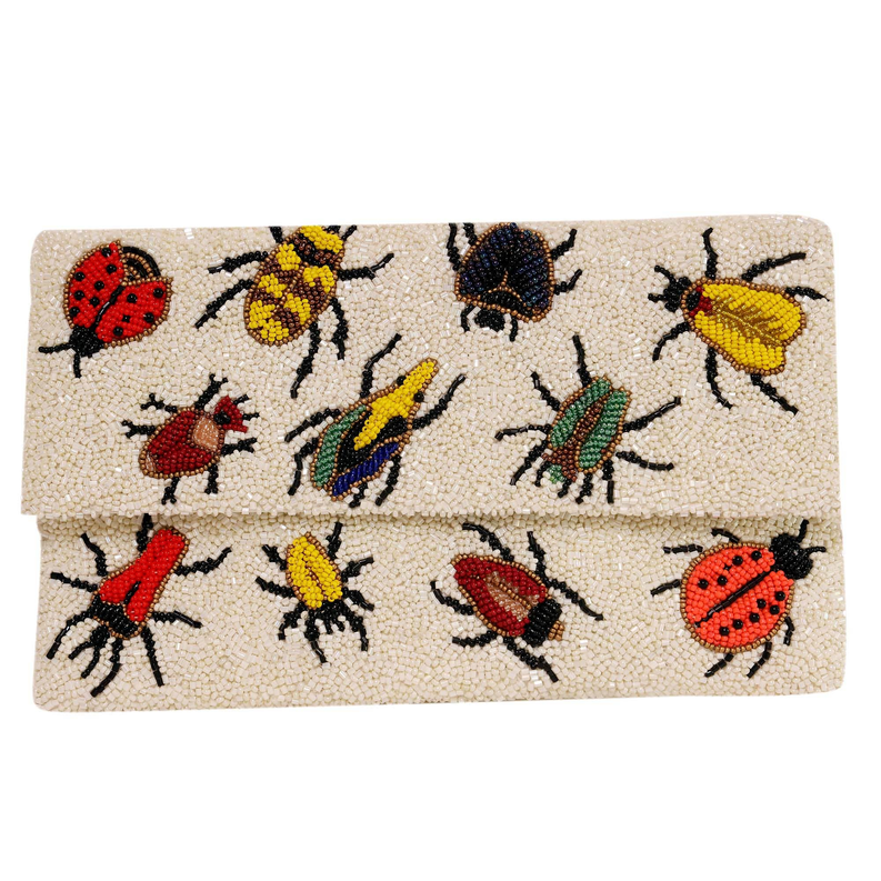 Beaded clutch bag with multicolor bug patchwork design
