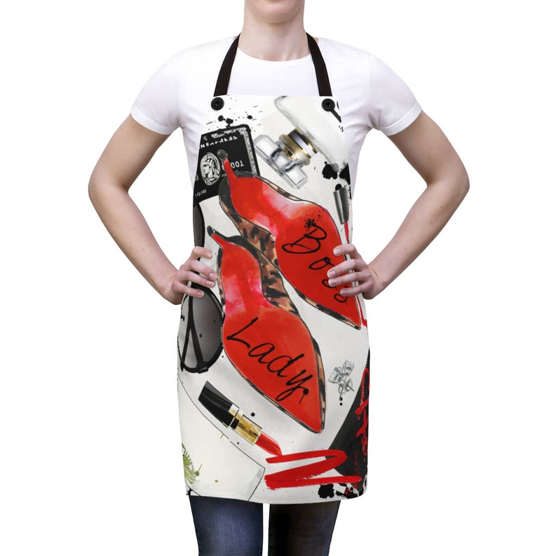 Boss Lady apron with black neck and waist ties, white base and red graphic print