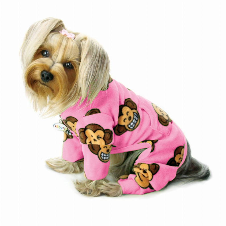 Pink fleece turtleneck pajama top with monkey graphic print, side view