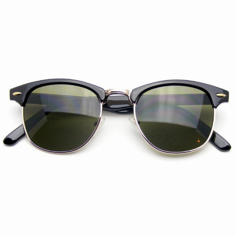 Vintage-inspired round sunglasses with dark lenses, metal half-rim, and black temples